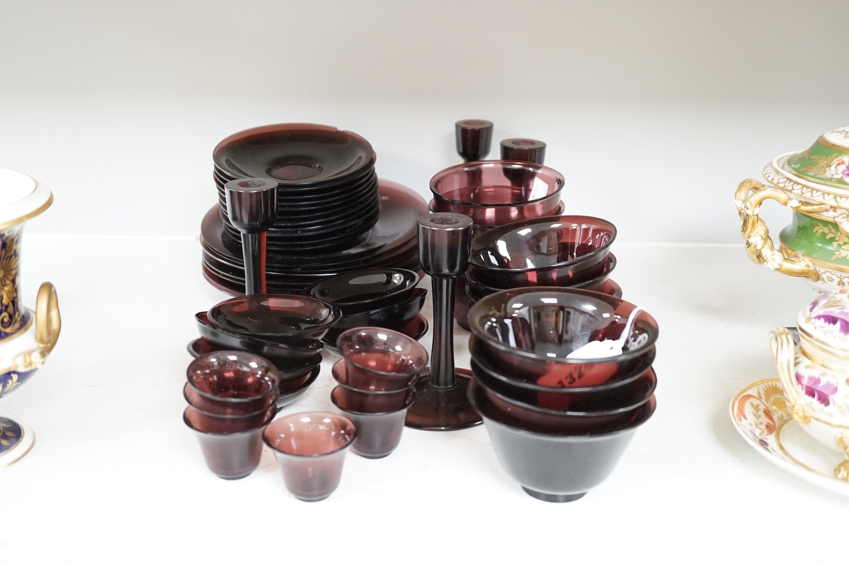 A group of Chinese Beijing amethyst glass table wares, prov. vendor's grandparents acquired the set in India in the 1920s-30s